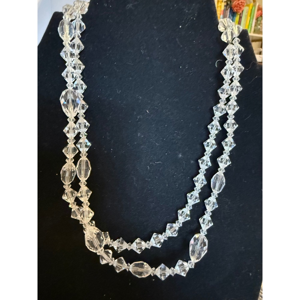 Vintage Clear Faceted Crystal Glass Graduated Bead Necklace 16-18in